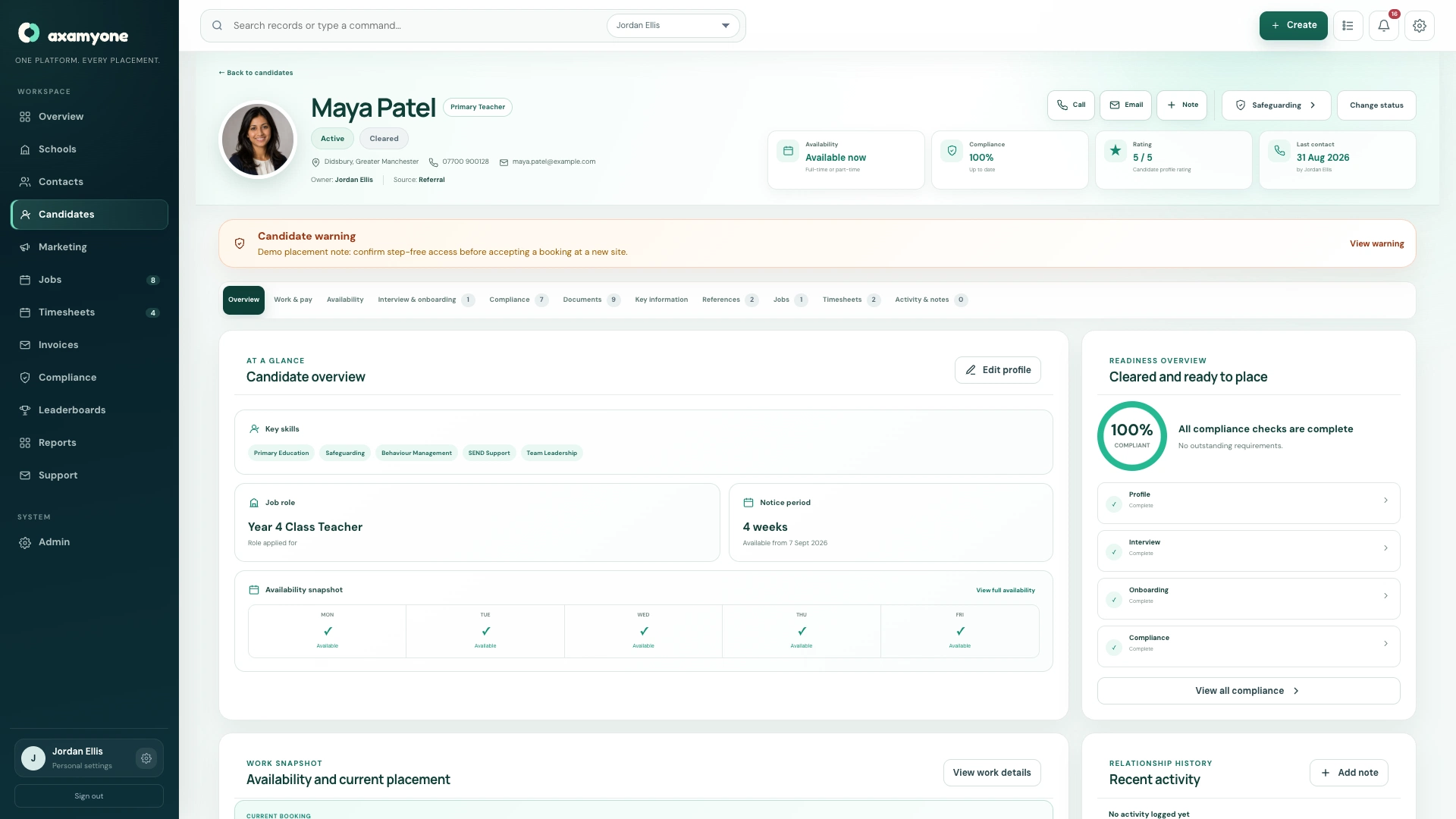 AxamyOne candidate workspace showing recruitment details, activity and connected work history