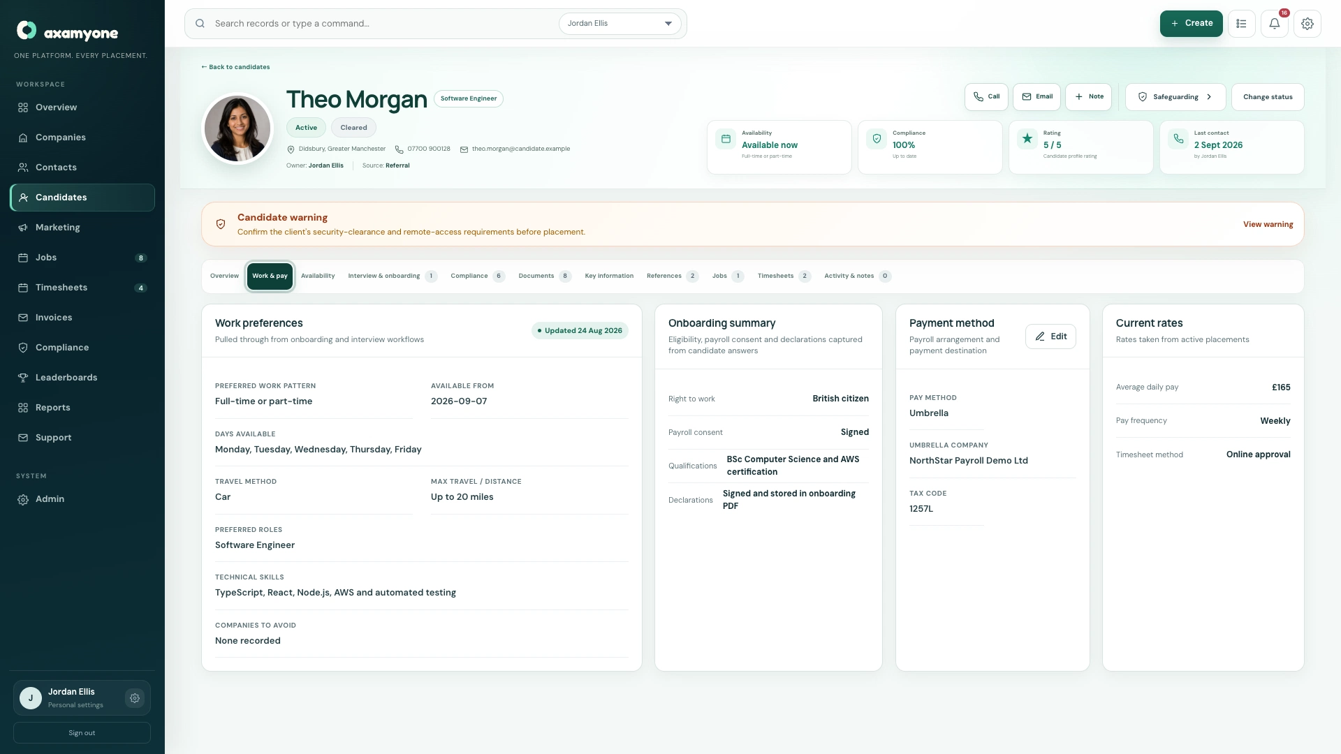 AxamyOne technology candidate and work preferences record